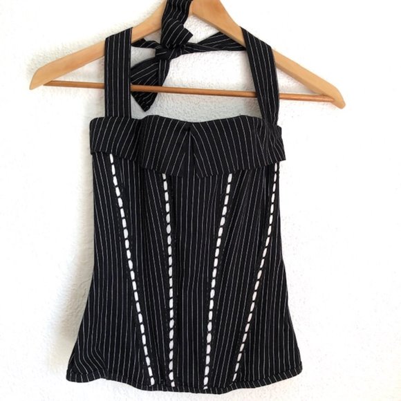 Super Low Fat Tops - Super Low Fat Black Striped Corset w/Halter Tie
